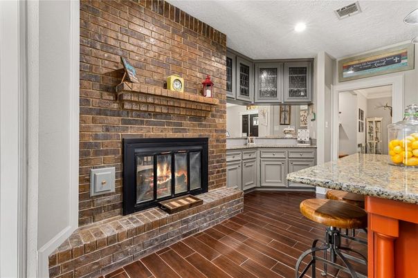 Fireplace, Interior, Recessed Lighting, Stone Walls, Wood Texture Flooring