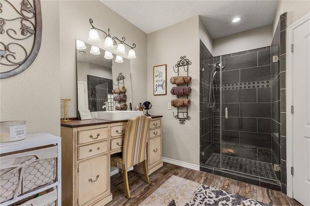Bathroom, Glass Shower, Interior, Recessed Lighting, Wood Texture Flooring