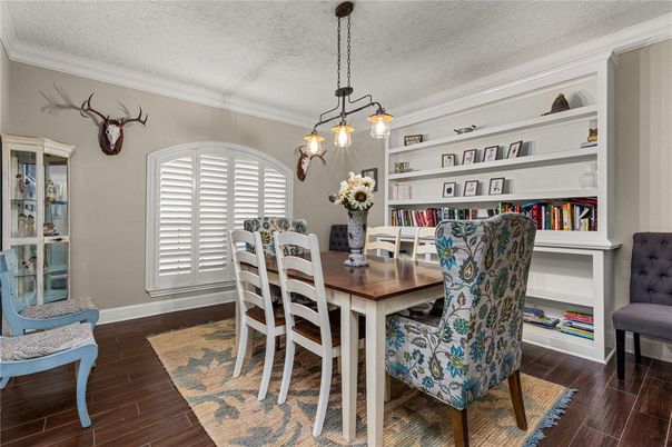 Dining room, Interior, Pendant Lights, Wood Texture Flooring