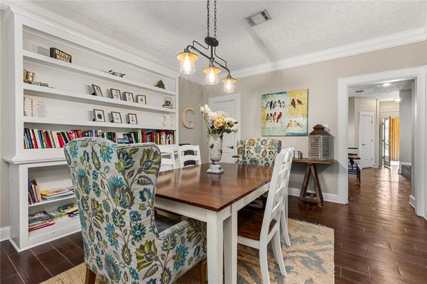 Dining room, Interior, Pendant Lights, Wood Texture Flooring