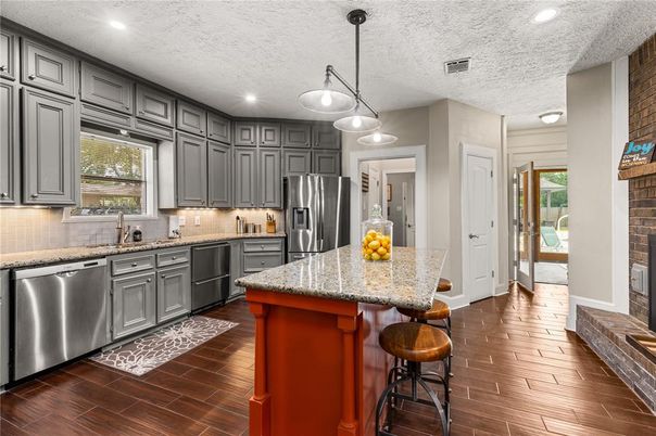 Interior, Kitchen, Pendant Lights, Recessed Lighting, Stainless Steel Appliances, Wood Texture Flooring
