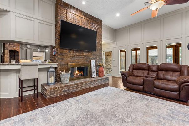 Fireplace, Interior, Kitchen, Living room, Recessed Lighting, Stone Walls, Wood Texture Flooring