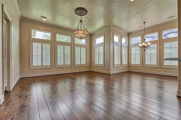Chandelier, Empty room, Interior, Recessed Lighting, Wood Texture Flooring