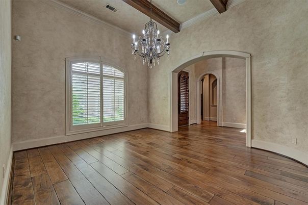 Chandelier, Empty room, Interior, Recessed Lighting, Wooden Beams, Wood Texture Flooring