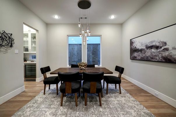 Dining room, Interior, Pendant Lights, Recessed Lighting, Wood Texture Flooring