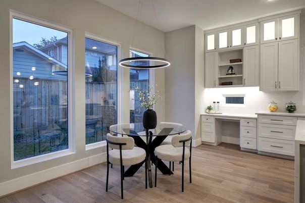 Dining room, Interior, Pendant Lights, Wood Texture Flooring