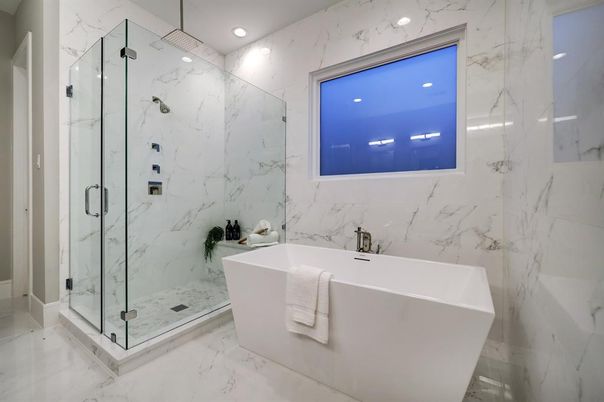 Bathroom, Free Standing Baths, Glass Shower, Interior, Marble, Marble Walls, Recessed Lighting