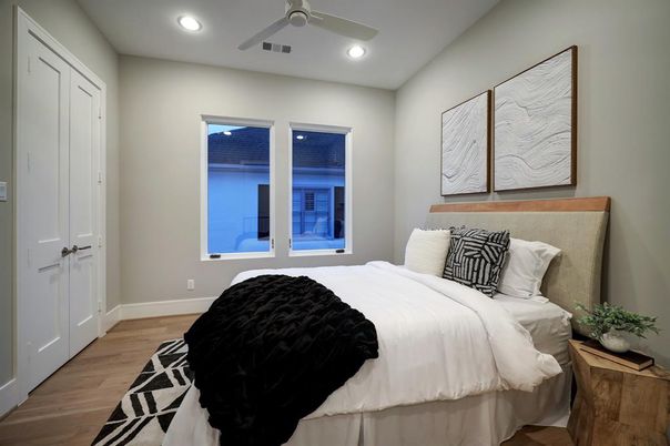 Bedroom, Interior, Recessed Lighting, Wood Texture Flooring