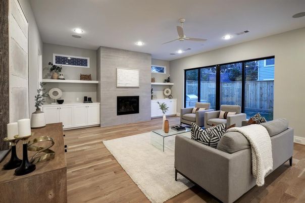 Fireplace, Interior, Living room, Recessed Lighting, Wood Texture Flooring