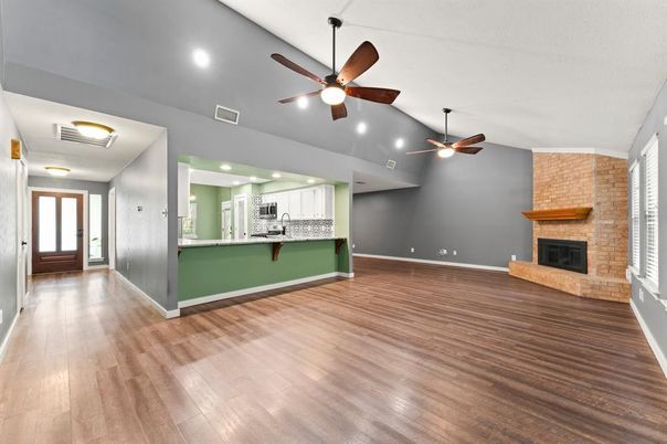 Empty room, Fireplace, Interior, Recessed Lighting, Wood Texture Flooring