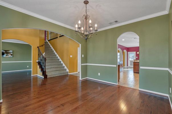 Chandelier, Empty room, Interior, Recessed Lighting, Wood Texture Flooring
