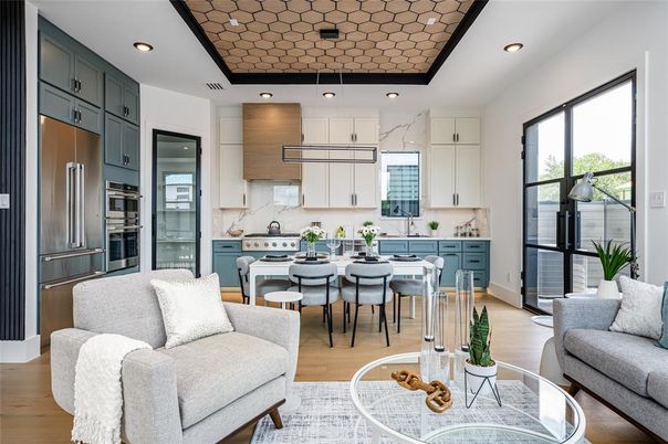Dining room, Interior, Kitchen, Recessed Lighting, Stainless Steel Appliances, Wood Texture Flooring