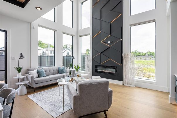 Fireplace, Interior, Living room, Recessed Lighting, Wood Texture Flooring