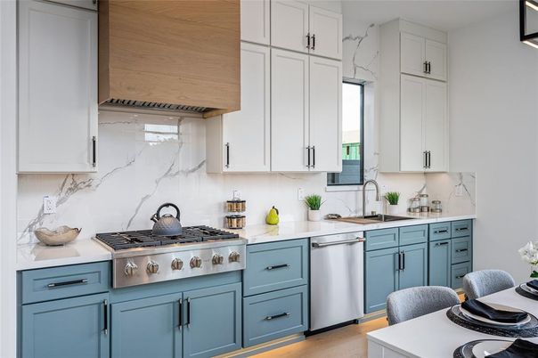Interior, Kitchen, Marble Walls, Stainless Steel Appliances, Wood Texture Flooring