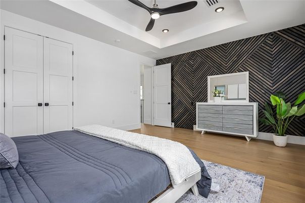 Bedroom, Interior, Recessed Lighting, Wood Texture Flooring