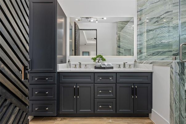 Bathroom, Dual Sink Vanities, Glass Shower, Interior, Marble Walls, Wood Texture Flooring