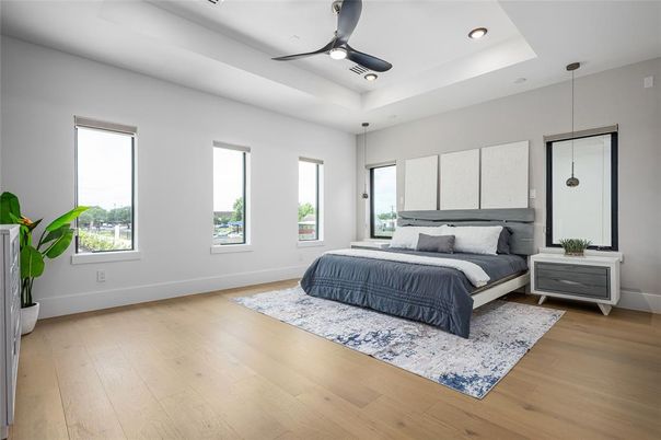 Bedroom, Interior, Pendant Lights, Recessed Lighting, Wood Texture Flooring