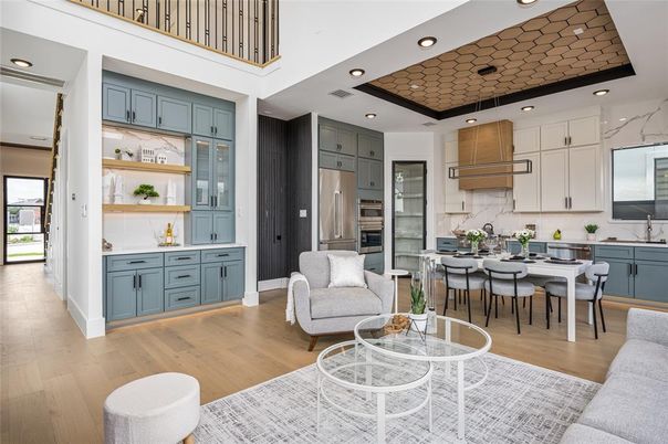 Dining room, Interior, Kitchen, Pendant Lights, Recessed Lighting, Stainless Steel Appliances, Wood Texture Flooring