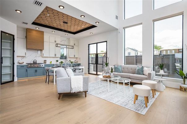 Interior, Kitchen, Living room, Marble Walls, Pendant Lights, Recessed Lighting, Wood Texture Flooring