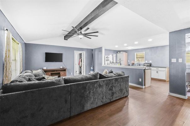 Interior, Kitchen, Living room, Recessed Lighting, Wood Texture Flooring