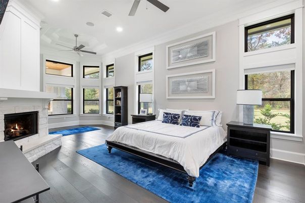 Bedroom, Fireplace, Interior, Recessed Lighting, Wood Texture Flooring
