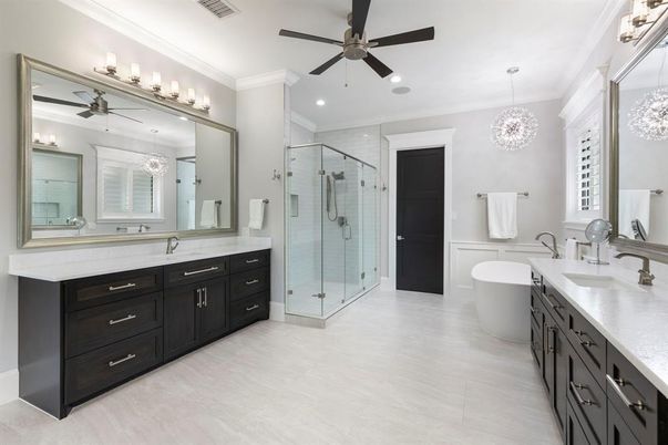 Bathroom, Chandelier, Dual Sink Vanities, Free Standing Baths, Glass Shower, Interior, Pendant Lights, Recessed Lighting