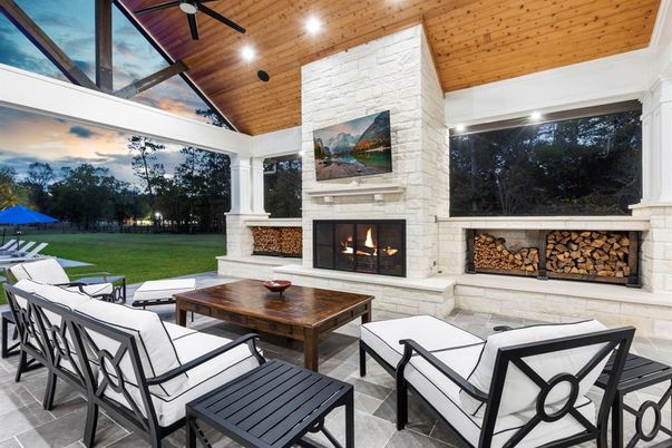 Exterior, Fireplace, Living room, Wooden Ceilings
