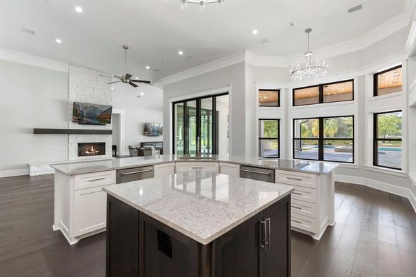 Fireplace, Interior, Kitchen, Pendant Lights, Recessed Lighting, Stone Walls, Wood Texture Flooring