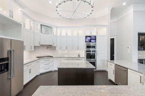 Chandelier, Interior, Kitchen, Recessed Lighting, Stainless Steel Appliances, Wood Texture Flooring