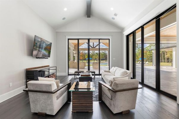 Interior, Living room, Recessed Lighting, Wooden Beams, Wood Texture Flooring