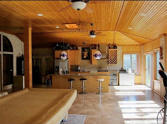 Interior, Recessed Lighting, Stone Walls, Wooden Ceilings