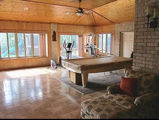Billiard Table, Fitness Equipment, Game Room, Interior, Recessed Lighting, Stone Walls, Wooden Ceilings