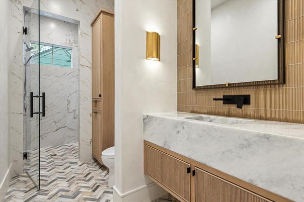 Bathroom, Glass Shower, Interior, Marble Walls