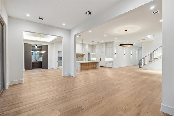 Interior, Kitchen, Pendant Lights, Recessed Lighting, Wood Texture Flooring