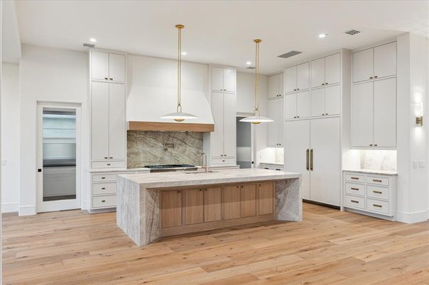 Interior, Kitchen, Marble Walls, Pendant Lights, Recessed Lighting, Wood Texture Flooring