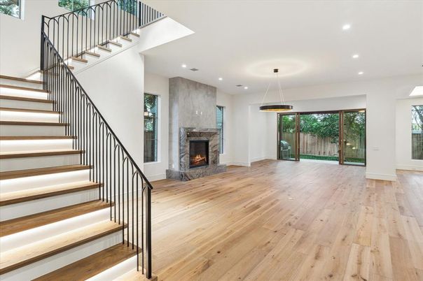 Fireplace, Interior, Pendant Lights, Recessed Lighting, Wood Texture Flooring