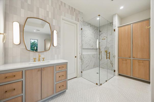 Bathroom, Glass Shower, Interior, Marble Walls, Recessed Lighting