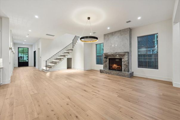 Fireplace, Interior, Pendant Lights, Recessed Lighting, Wood Texture Flooring