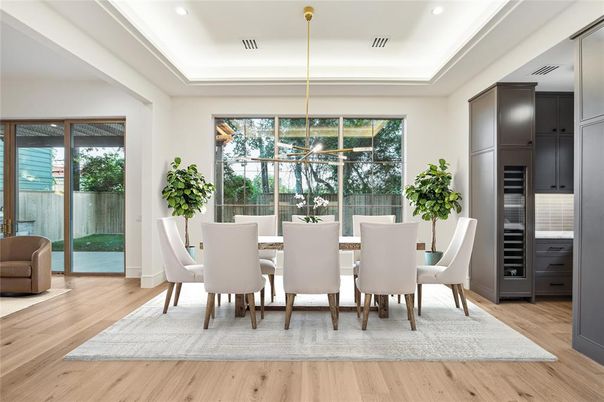 Dining room, Interior, Pendant Lights, Recessed Lighting, Wood Texture Flooring