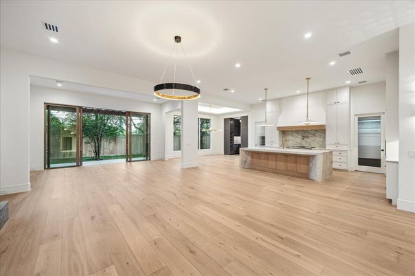 Interior, Kitchen, Marble Walls, Pendant Lights, Recessed Lighting, Wood Texture Flooring