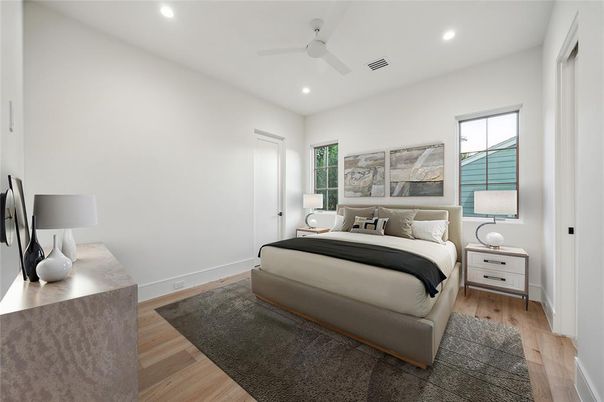 Bedroom, Interior, Recessed Lighting, Wood Texture Flooring