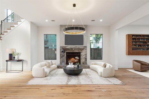 Fireplace, Interior, Living room, Pendant Lights, Recessed Lighting, Wood Texture Flooring