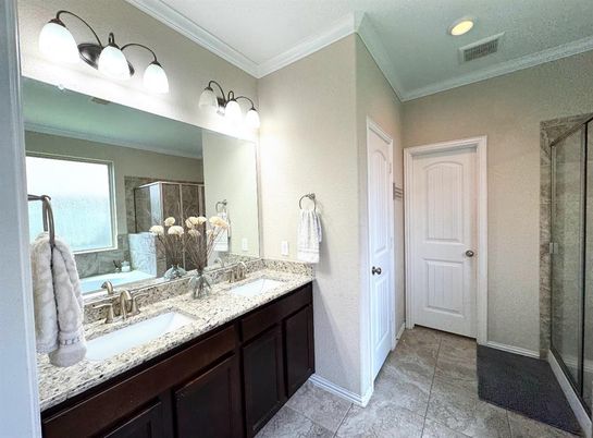 Bathroom, Dual Sink Vanities, Glass Shower, Interior, Recessed Lighting