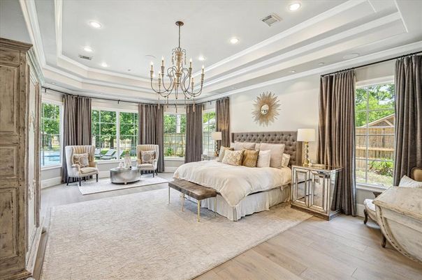 Bedroom, Chandelier, Interior, Recessed Lighting, Wood Texture Flooring