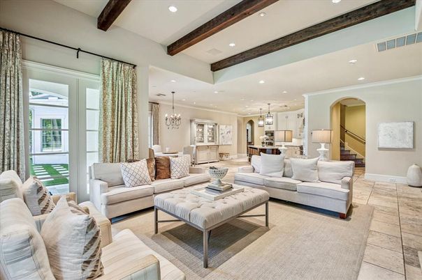Chandelier, Dining room, Interior, Kitchen, Living room, Pendant Lights, Recessed Lighting, Wooden Beams