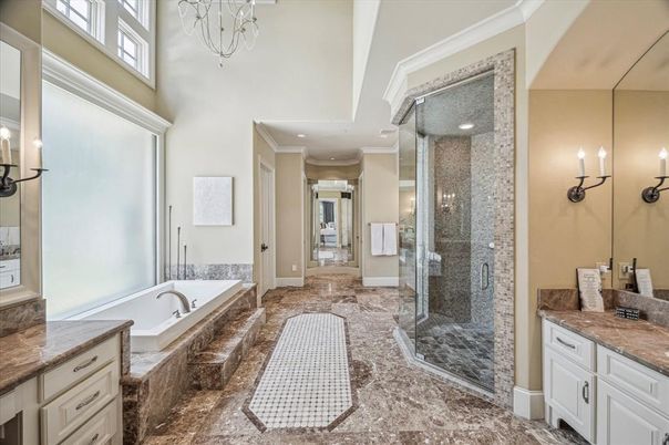 Bathroom, Chandelier, Glass Shower, Interior, Recessed Lighting