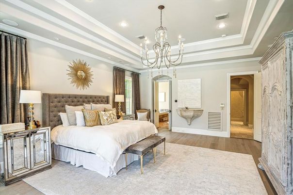 Bedroom, Chandelier, Interior, Recessed Lighting, Wood Texture Flooring