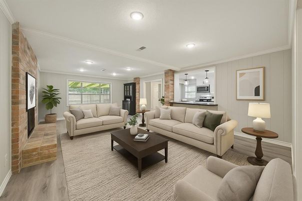 Interior, Kitchen, Living room, Pendant Lights, Recessed Lighting, Stainless Steel Appliances, Stone Walls, Wood Texture Flooring