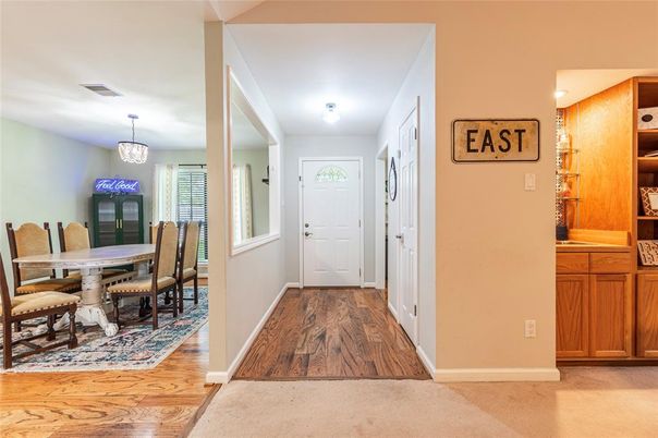 Dining room, Interior, Pendant Lights, Recessed Lighting, Wood Texture Flooring