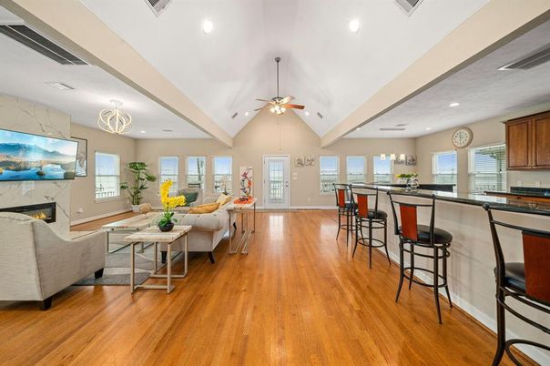 Fireplace, Interior, Living room, Recessed Lighting, Wood Texture Flooring